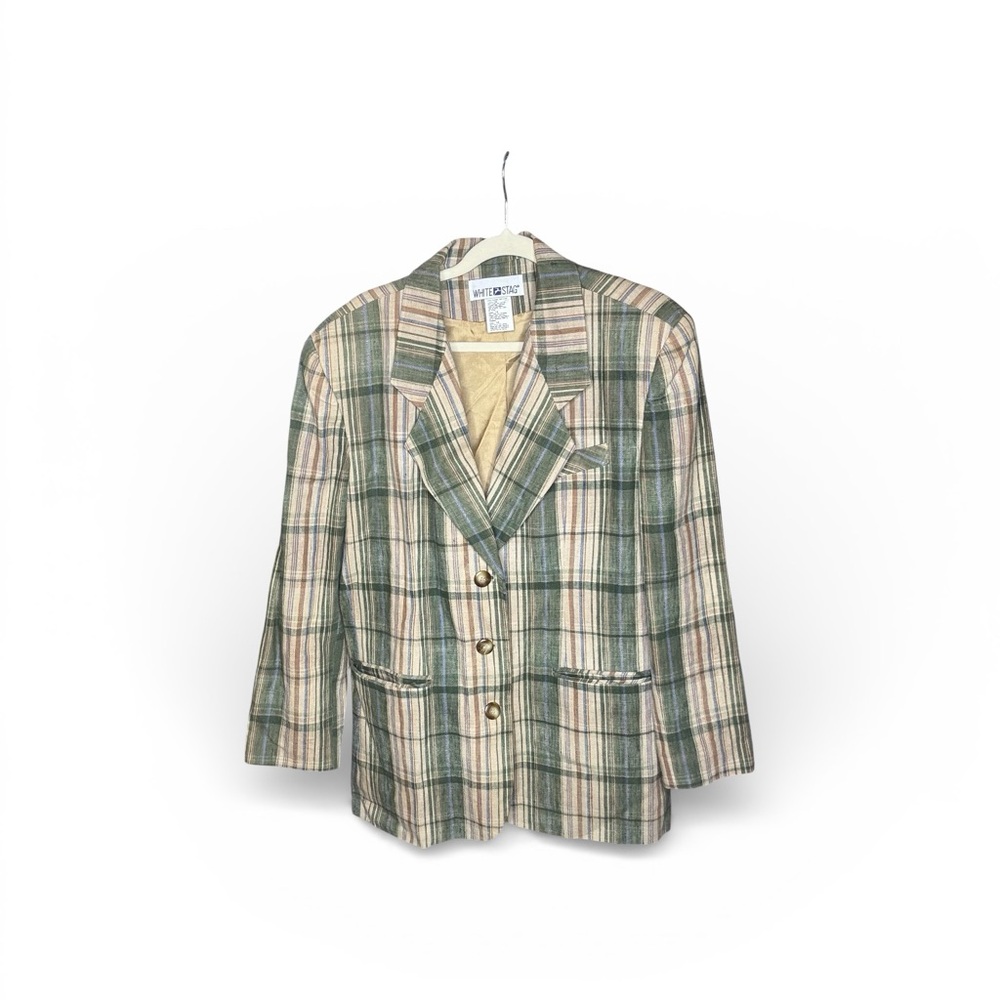 White Stag Green and Cream Plaid Blazer with Tan Stripes
